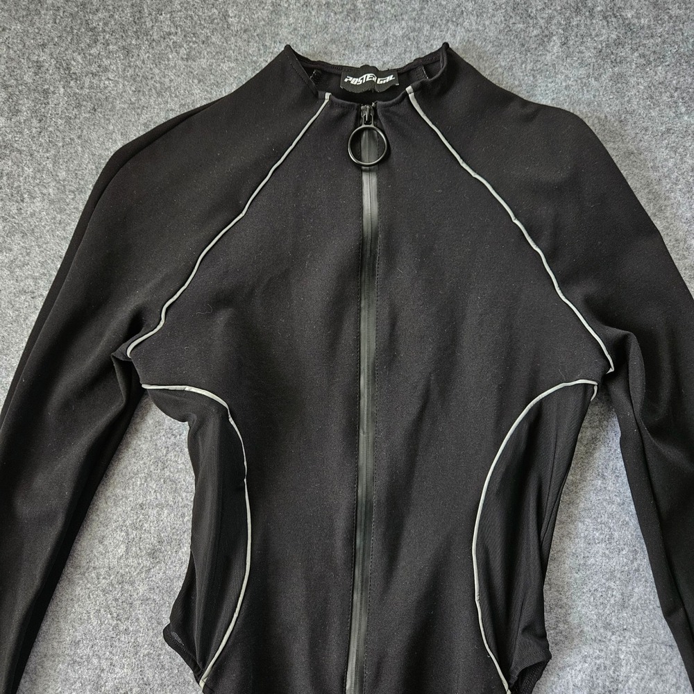 Poster Grl Black Reflective Piping Long Sleeve Zip Up Bodysuit Techwear Rave S